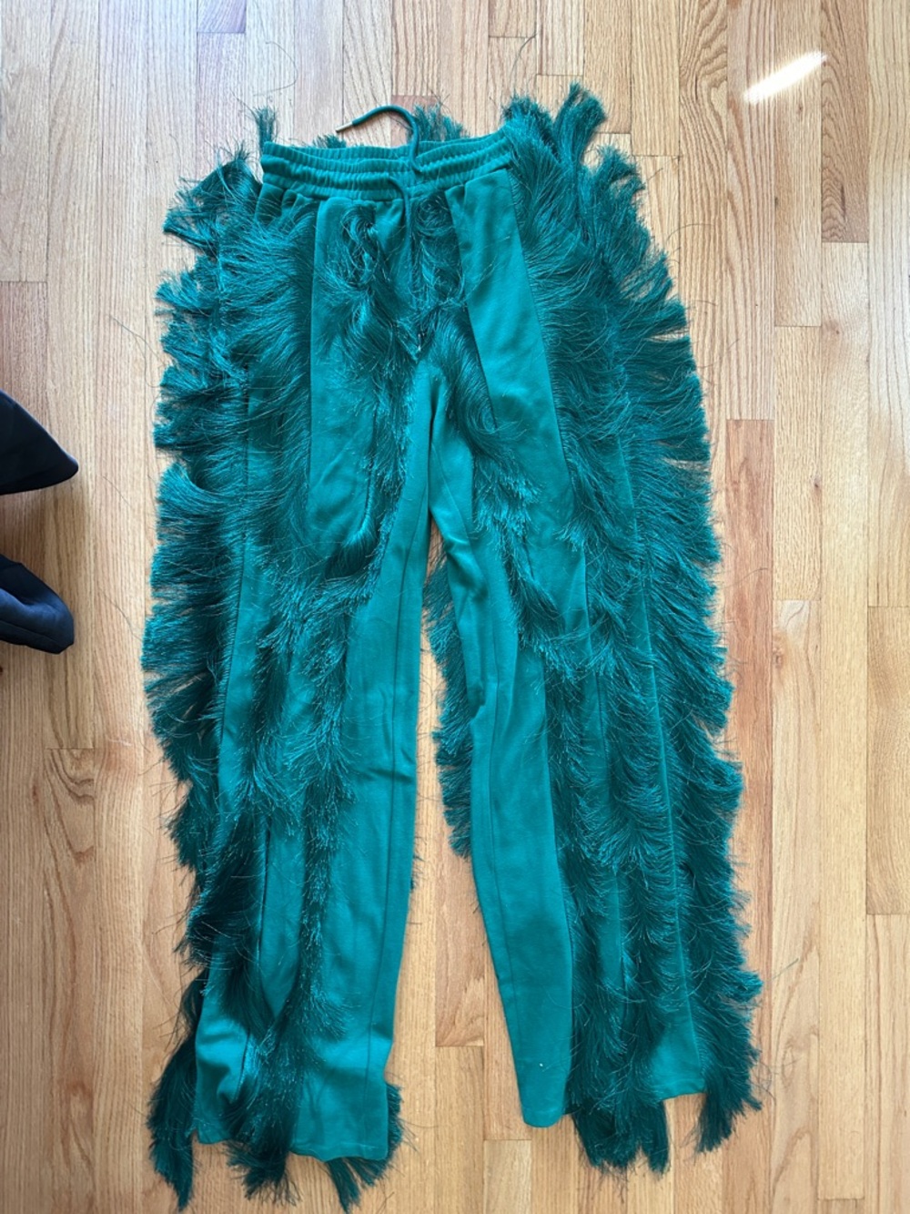 Wide Leg Feather-Trim Pants in Teal